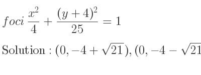 The foci (x^2)/4+((y+4)^2)/(25)=1 is (0,-4+sqrt(21)),(0,-4-sqrt(21))